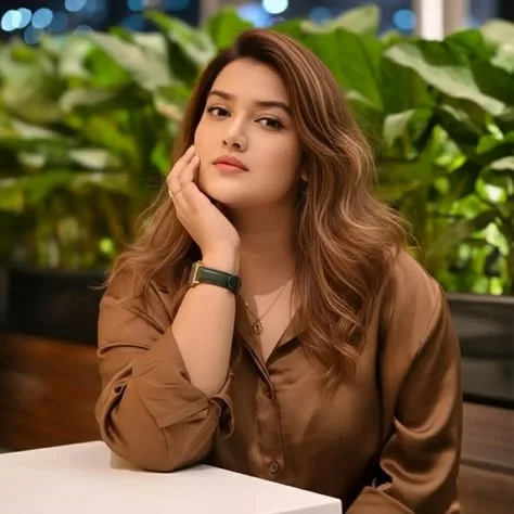 A highly detailed, photorealistic medium-shot portrait of a beautiful young South Asian woman sitting at a clean white table in a trendy