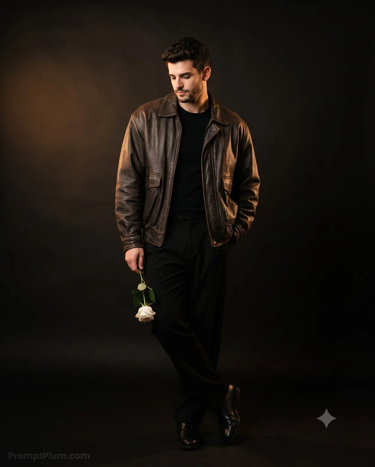 Create a photorealistic cinematic fashion portrait of a male subject standing casually in a dark studio environment.