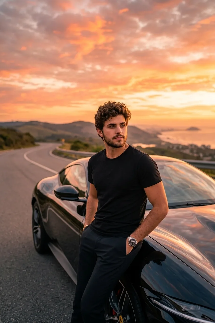 A photorealistic young man leaning against a luxury sports car on a scenic road during golden hour, elegant black outfit, expensive watch,