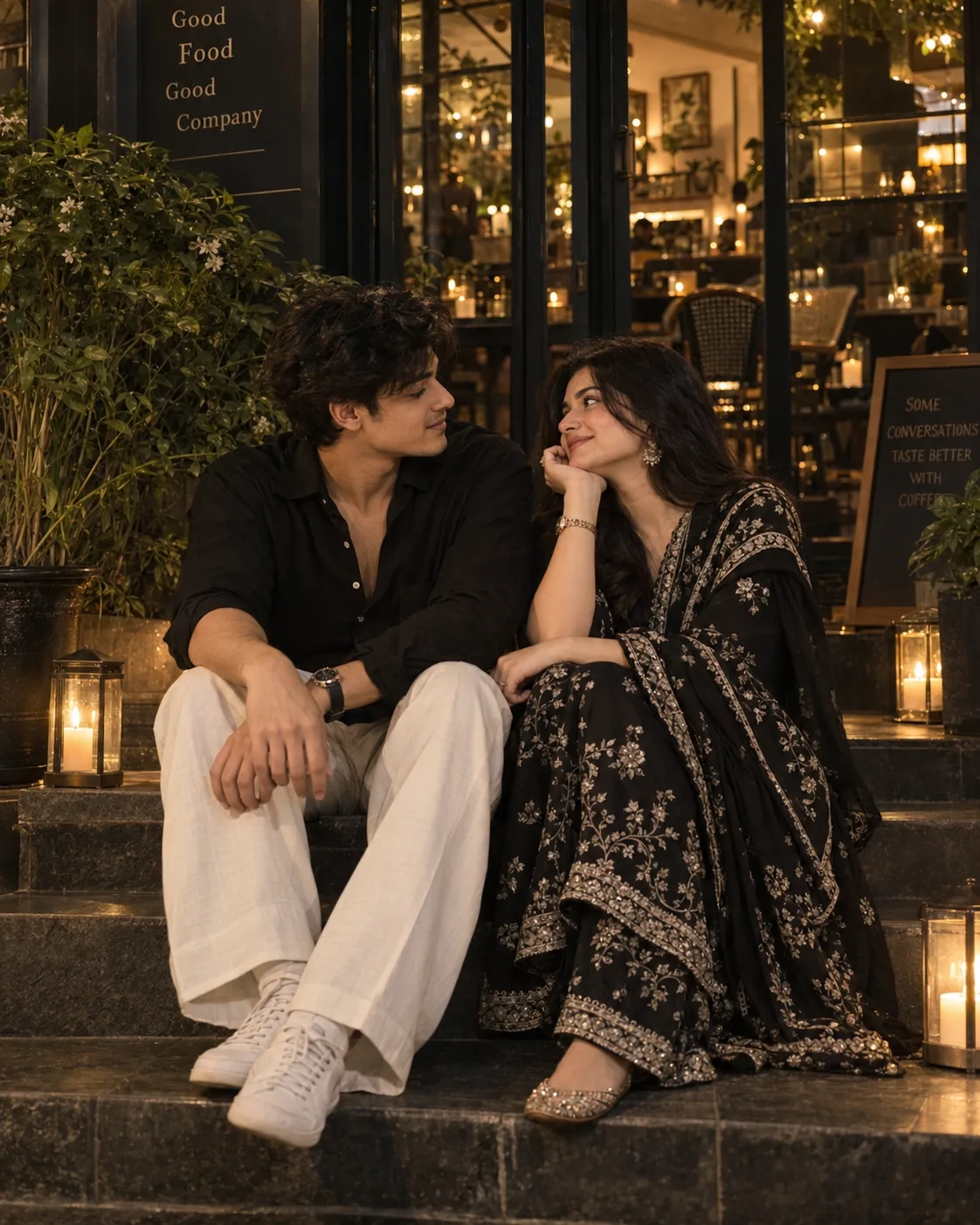 Ultra-realistic cinematic vertical photograph of a young South Asian couple sitting closely together on dark stone steps outside a cozy,