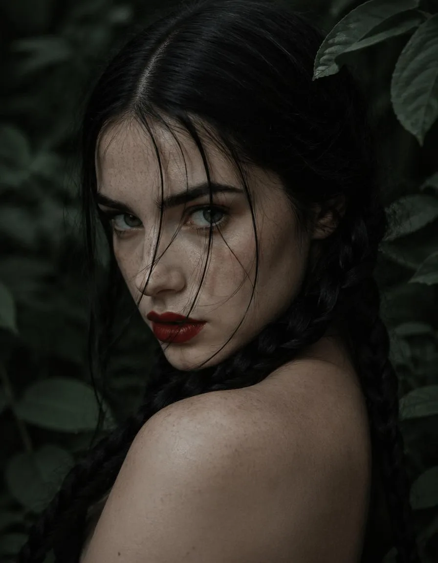 "Close-up intimate head-and-shoulder portrait shot at eye level, young pale woman turned three-quarters gazing directly over her bare