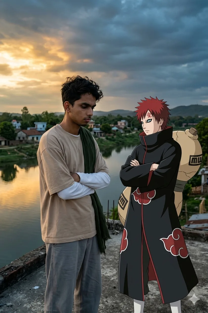 Ultra-realistic cinematic portrait at sunset, featuring a young South Asian male standing on a rooftop viewpoint overlooking a calm river