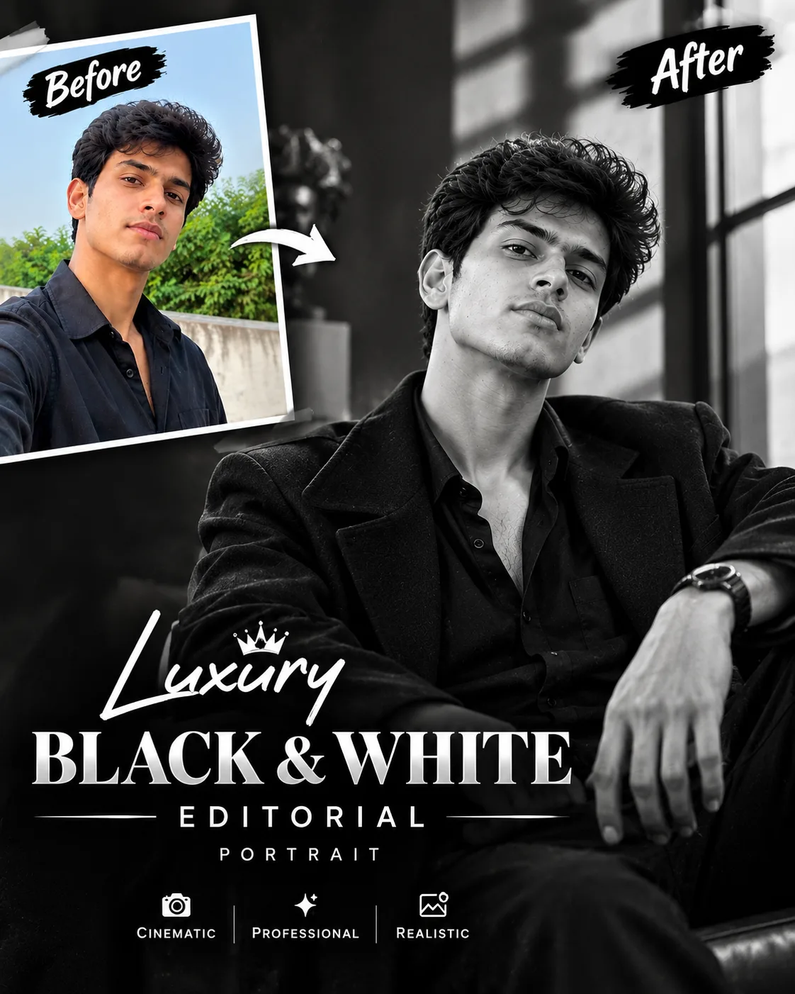 Transform the uploaded photo into a highly realistic luxury black-and-white editorial portrait.