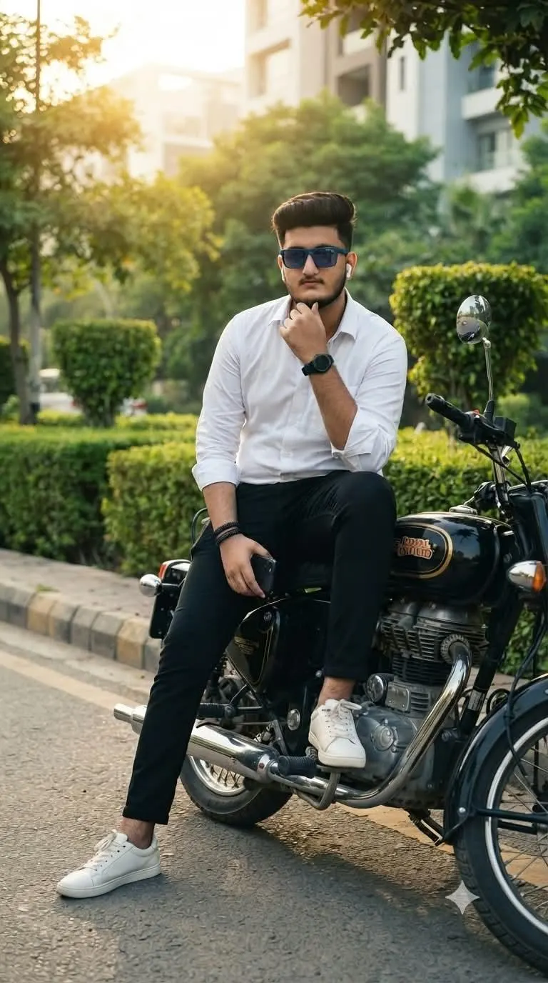 A high-quality photo of a young man sitting confidently on a vintage black Royal Enfield motorcycle on a paved street.