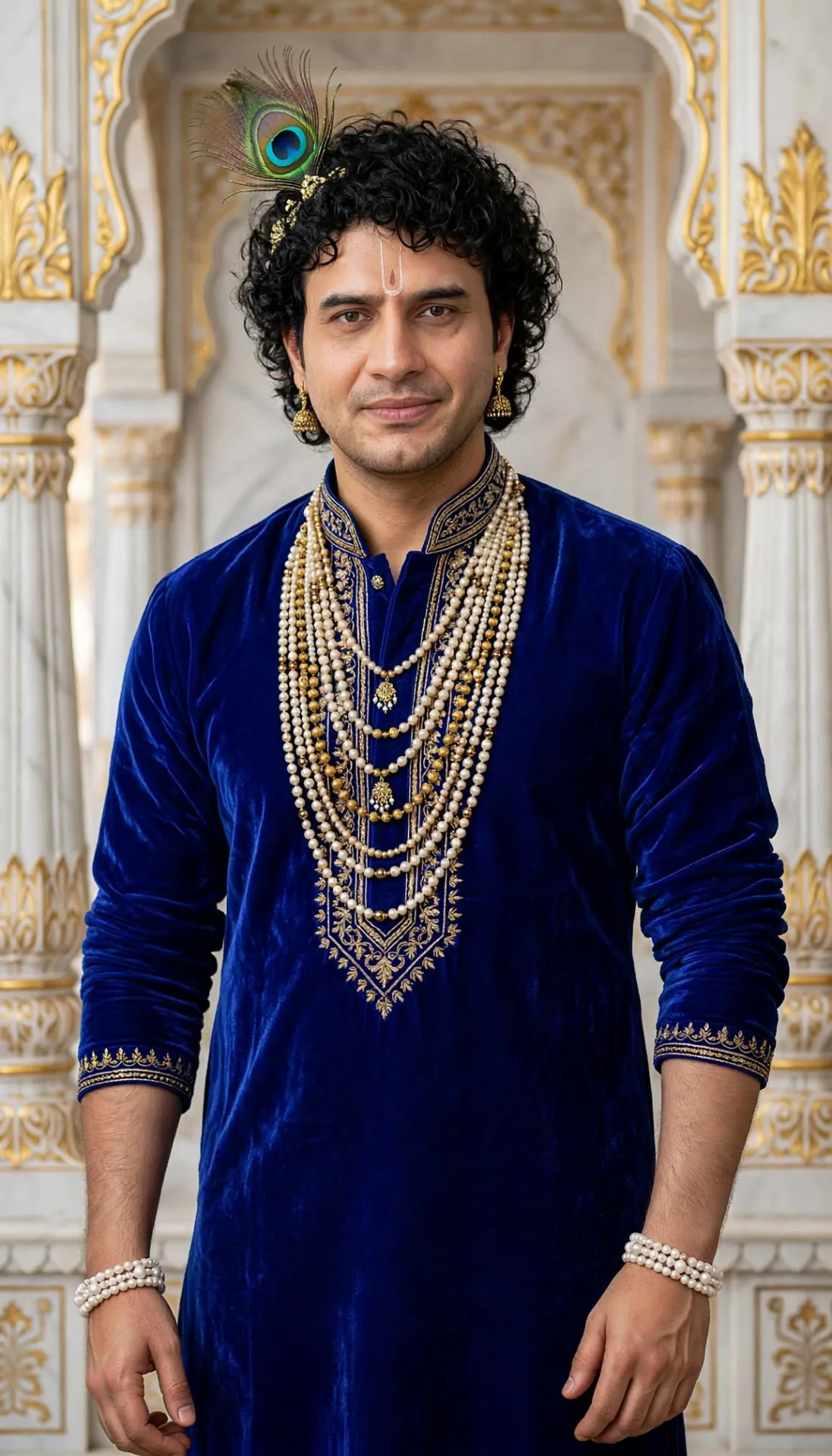 Subject: same person, royal blue velvet kurta with golden zari embroidery on collar, chest and sleeves Hair: curly black hair with peacock