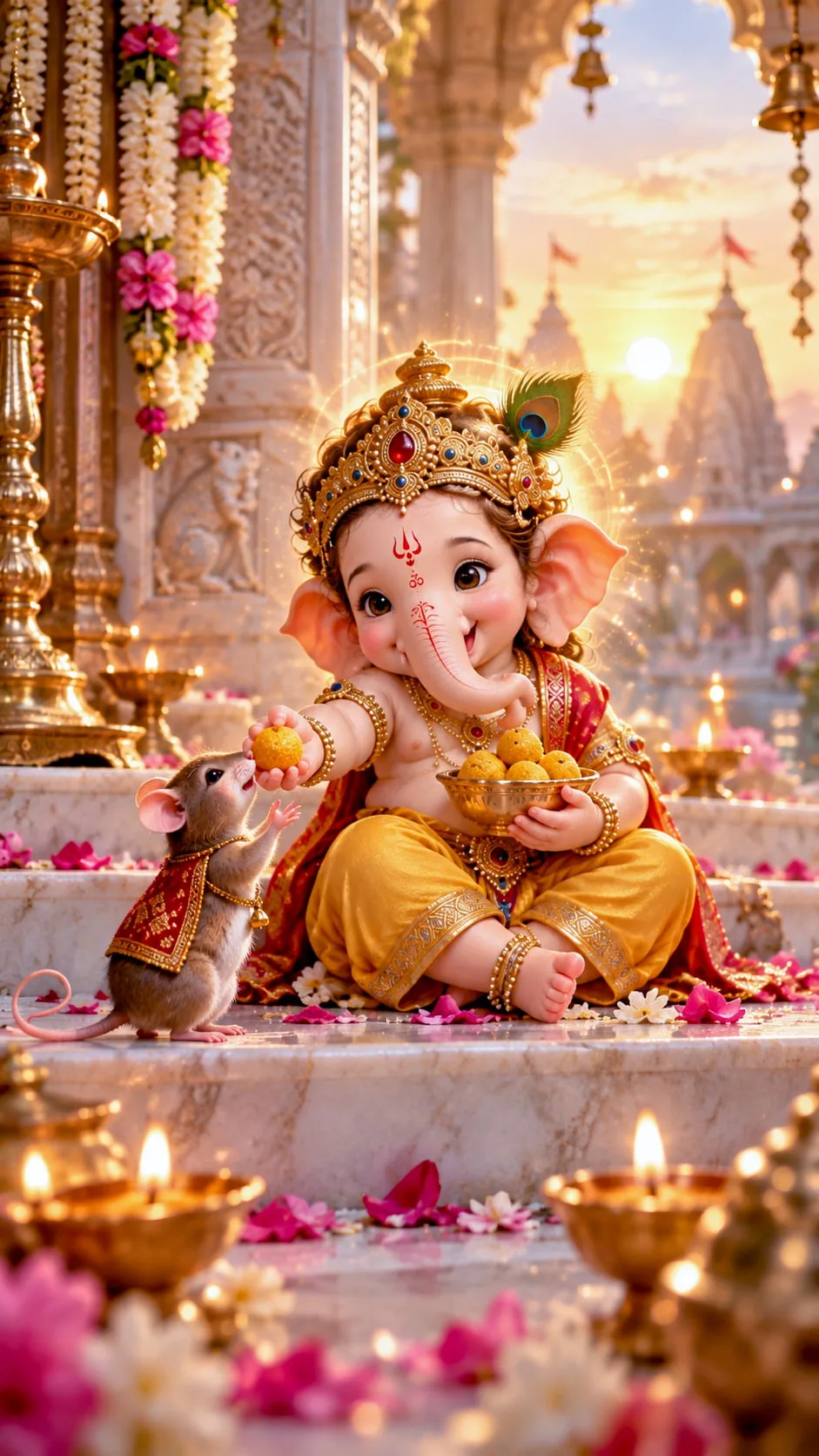 Create a premium ultra-detailed 3D CGI devotional artwork of Baby Lord Ganesha sitting peacefully on the steps of a magnificent traditional