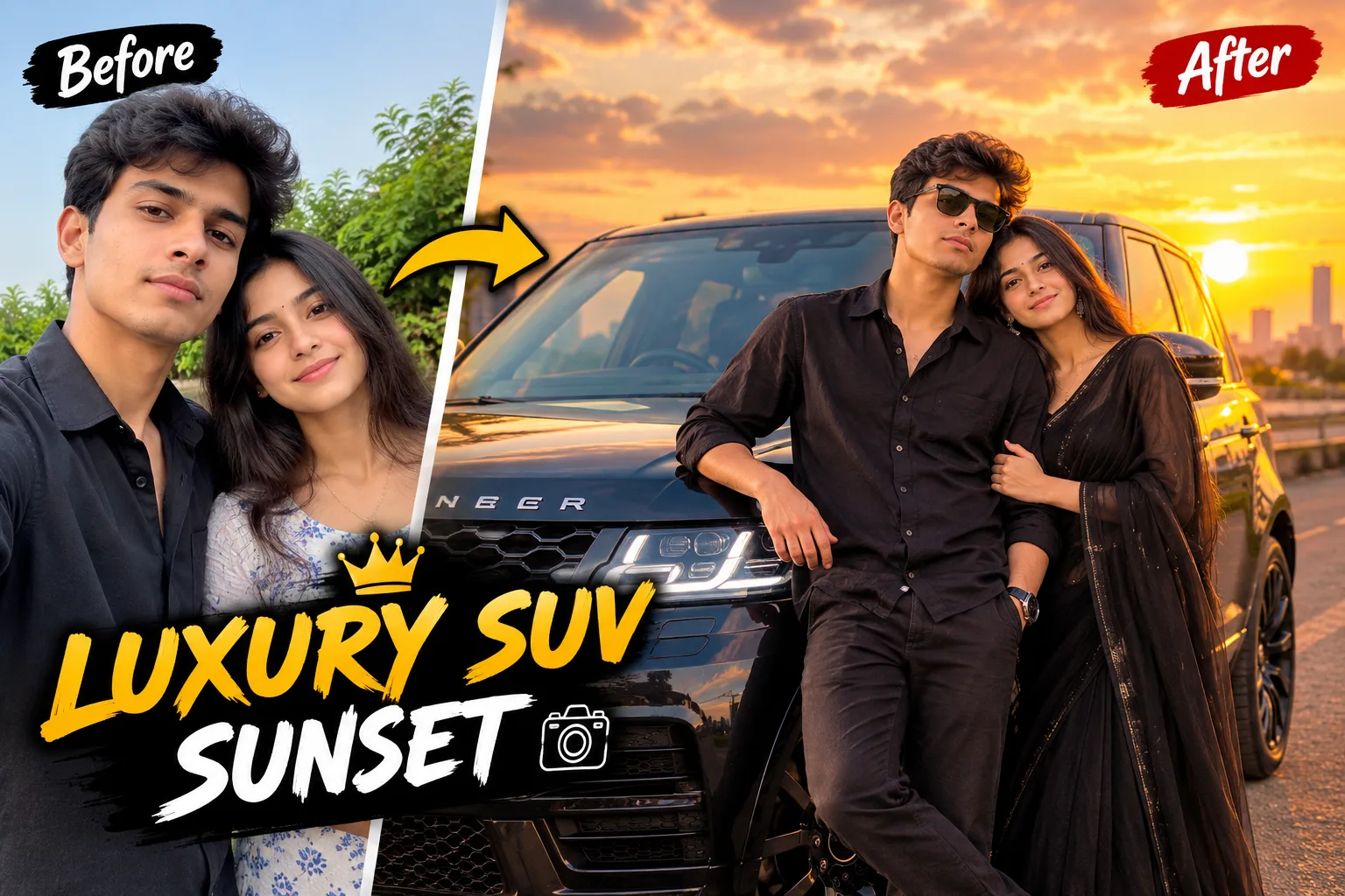 Transform the uploaded photo into a highly realistic cinematic luxury SUV photoshoot.