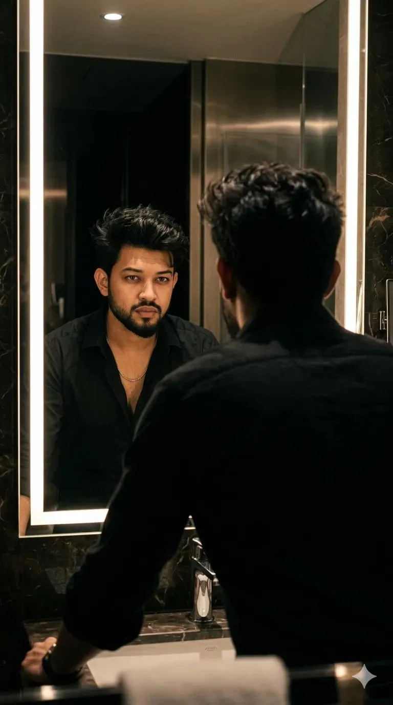 Use reference photo to create an Ultra-realistic cinematic vertical mirror portrait of a young man with voluminous messy dark hair and a