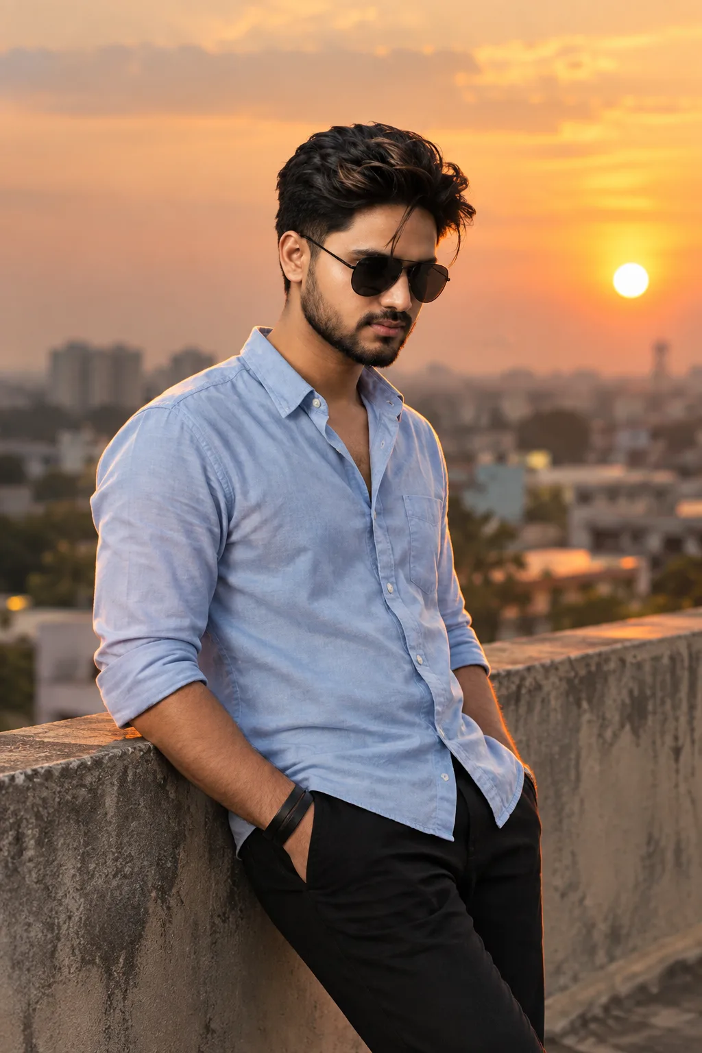 * Subject Identity & Features: A 26-year-old Indian male, height 5 feet 5 inches, with short styled dark hair, a neatly trimmed beard, and