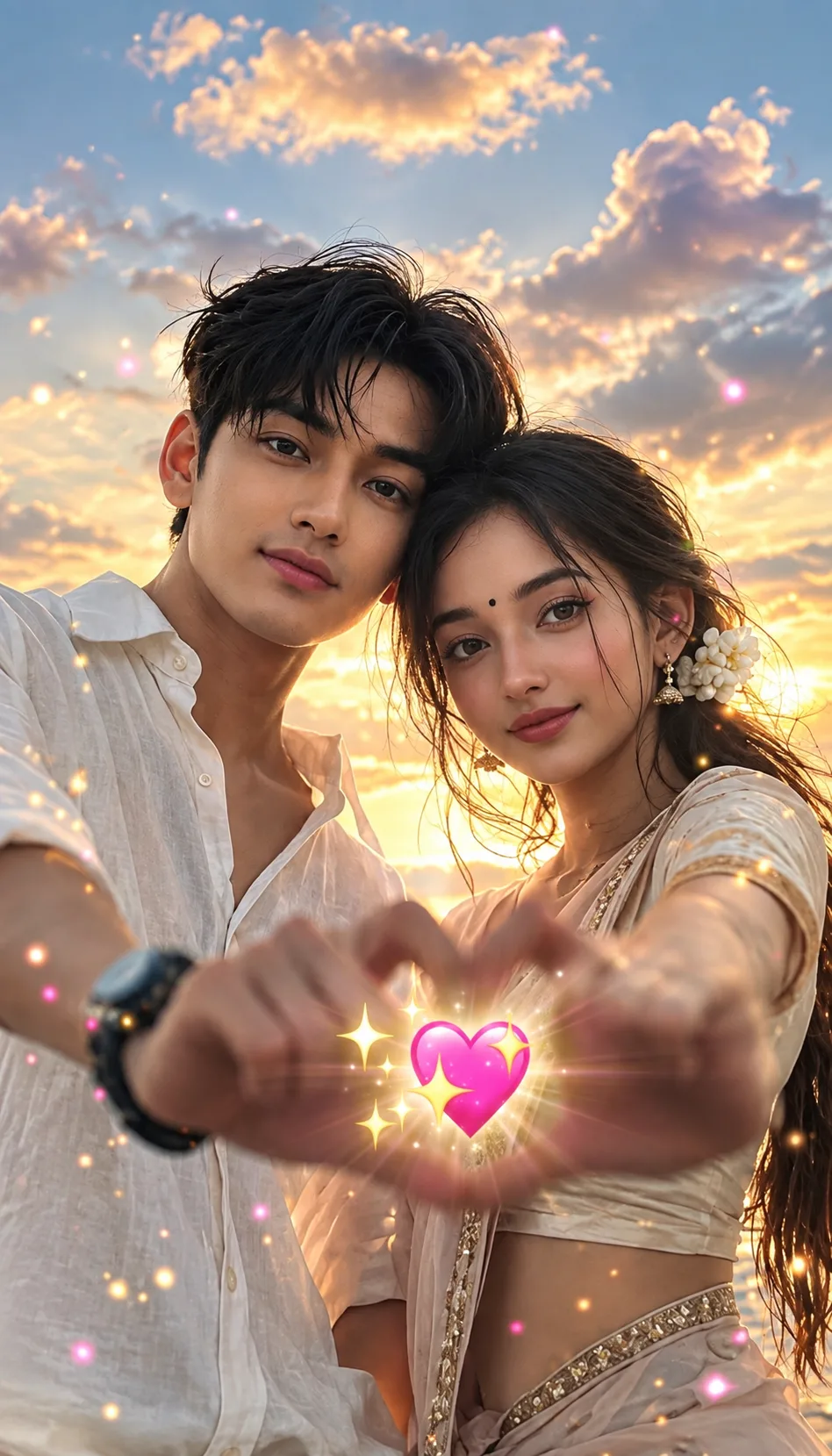 Ultra-realistic cinematic romantic couple portrait, vertical 9:16 composition.