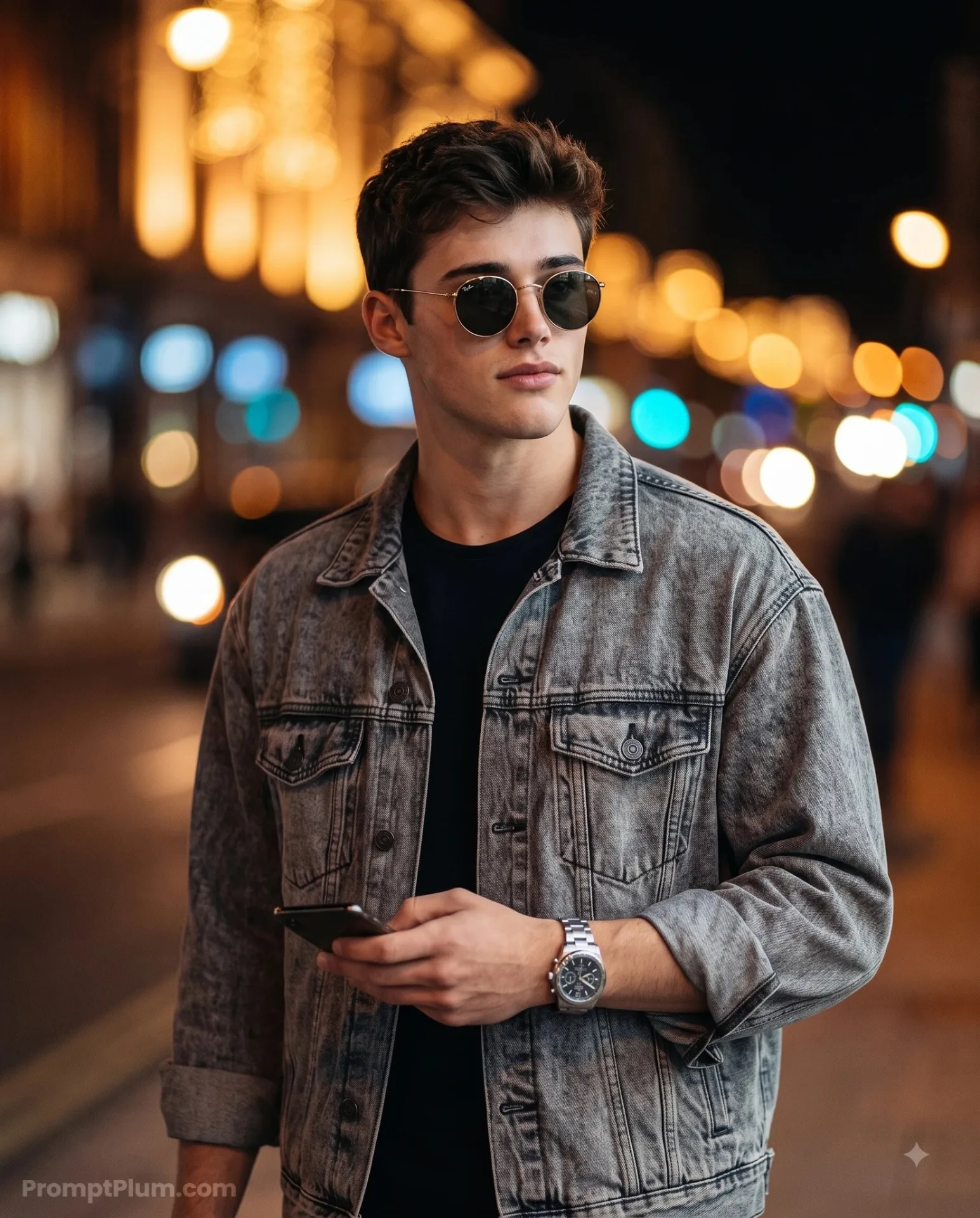 A stylish young man standing outdoors at night, looking slightly to the side with a confident, thoughtful expression.