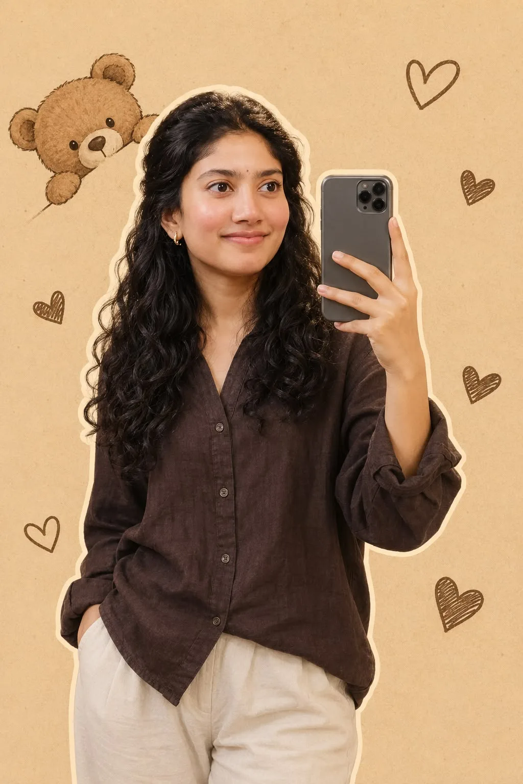 Create a photorealistic vertical lifestyle portrait of a young Indian woman taking a selfie with a modern smartphone, wearing a relaxed