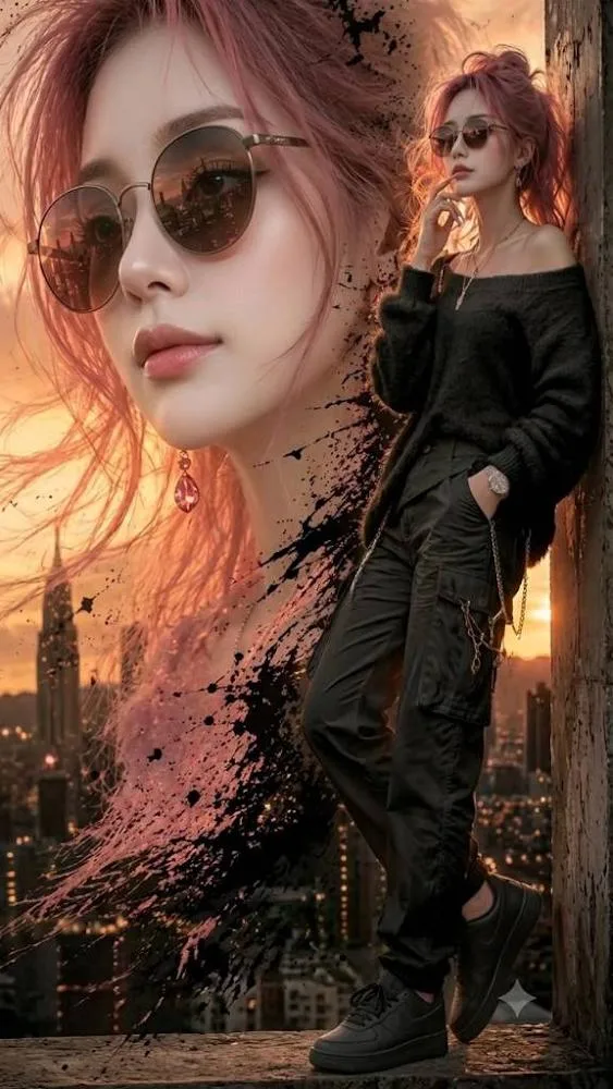 A creative double exposure fashion poster of a stylish young East Asian woman with messy pink hair and aviator sunglasses.