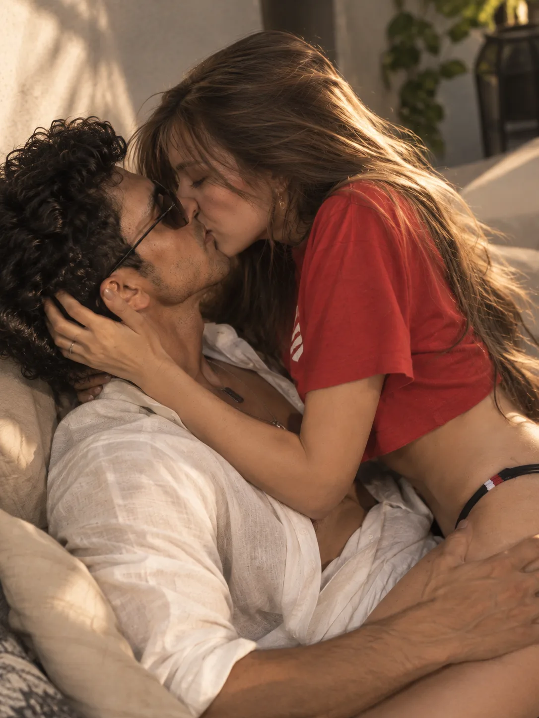 Prompt: > Ultra-realistic cinematic romantic couple portrait, a young adult man and young adult woman sharing a gentle intimate kiss, the