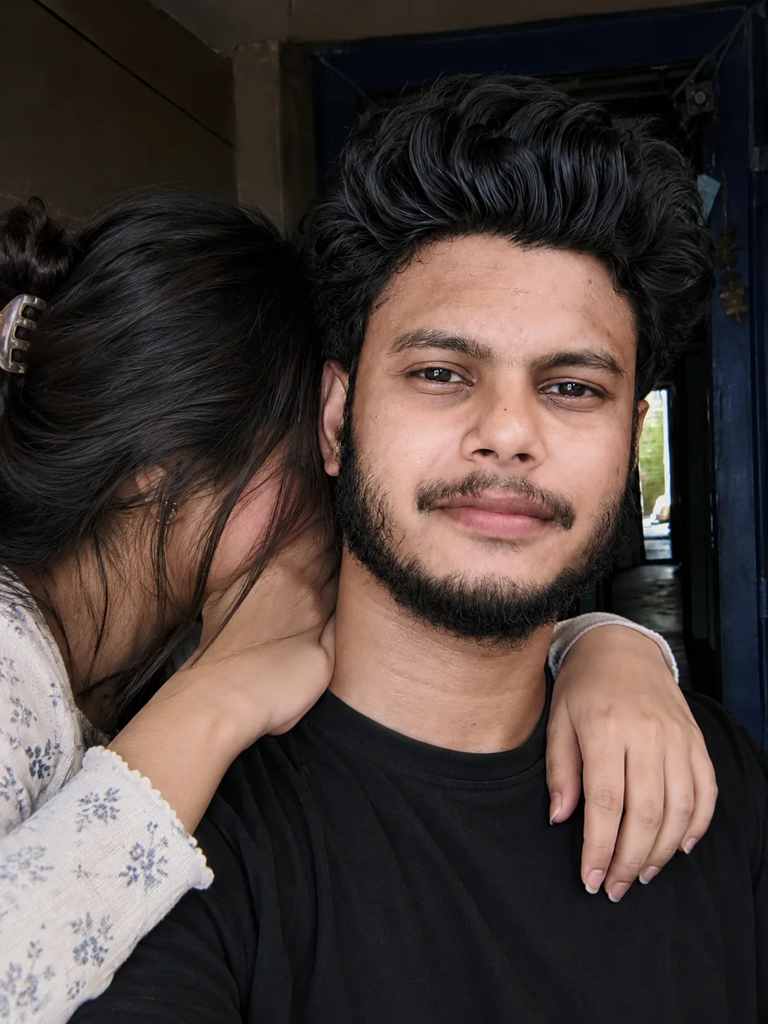 Add a Girlfriend near me pose with putting her hands on my shoulder and facing backside toh hide her face or blushing to hide her face