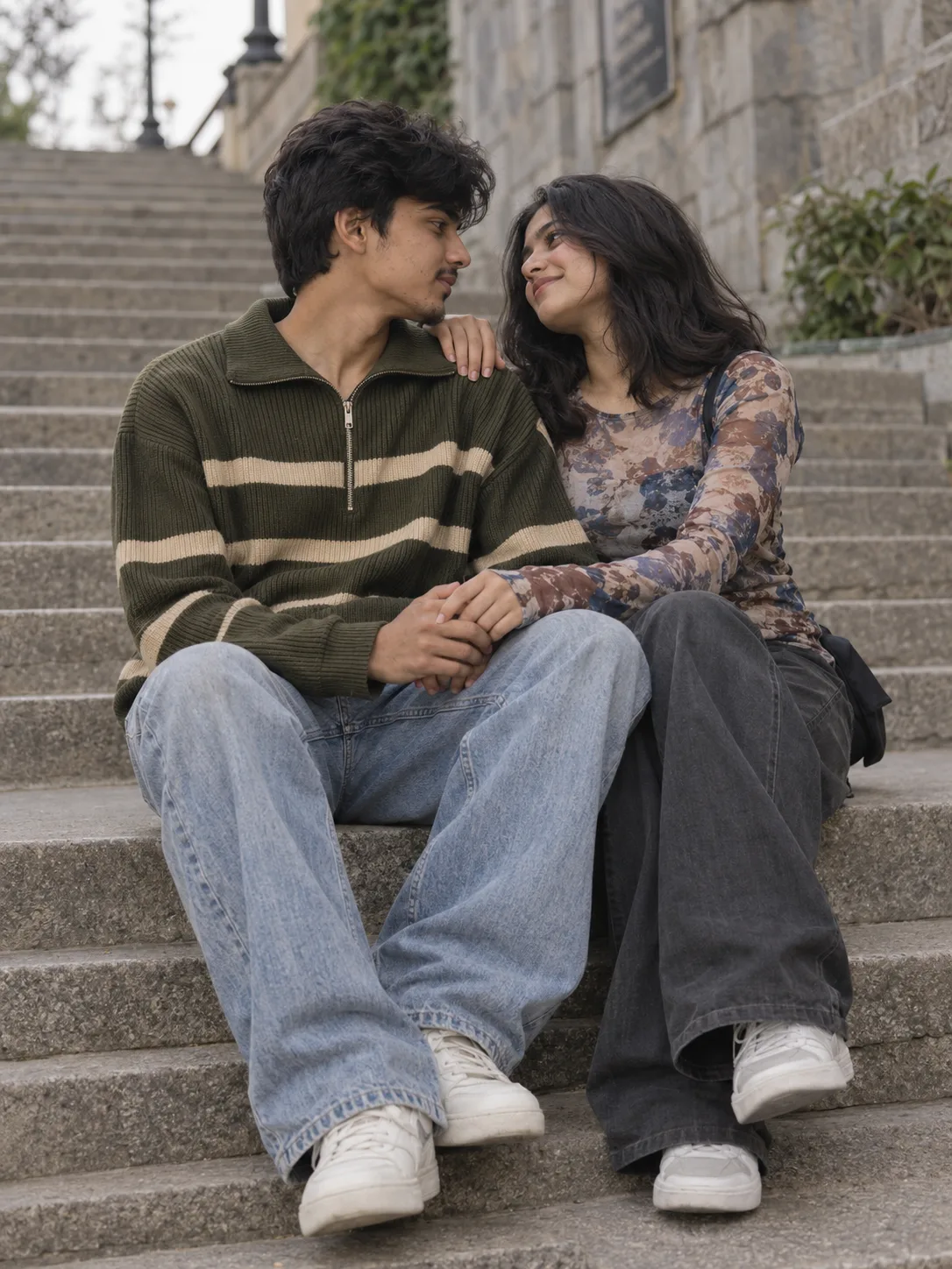 "A realistic, cinematic full-length life style photograph of a young romantic Indian couple sitting close together on outdoor concrete