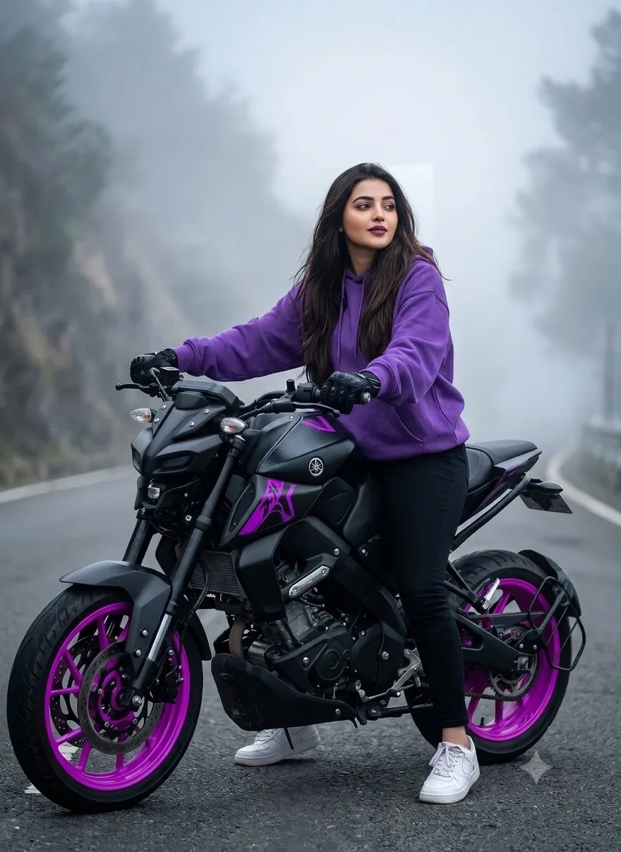 Ultra-realistic cinematic photo of the woman from the reference image, posing on a customized matte-black naked sport motorcycle with