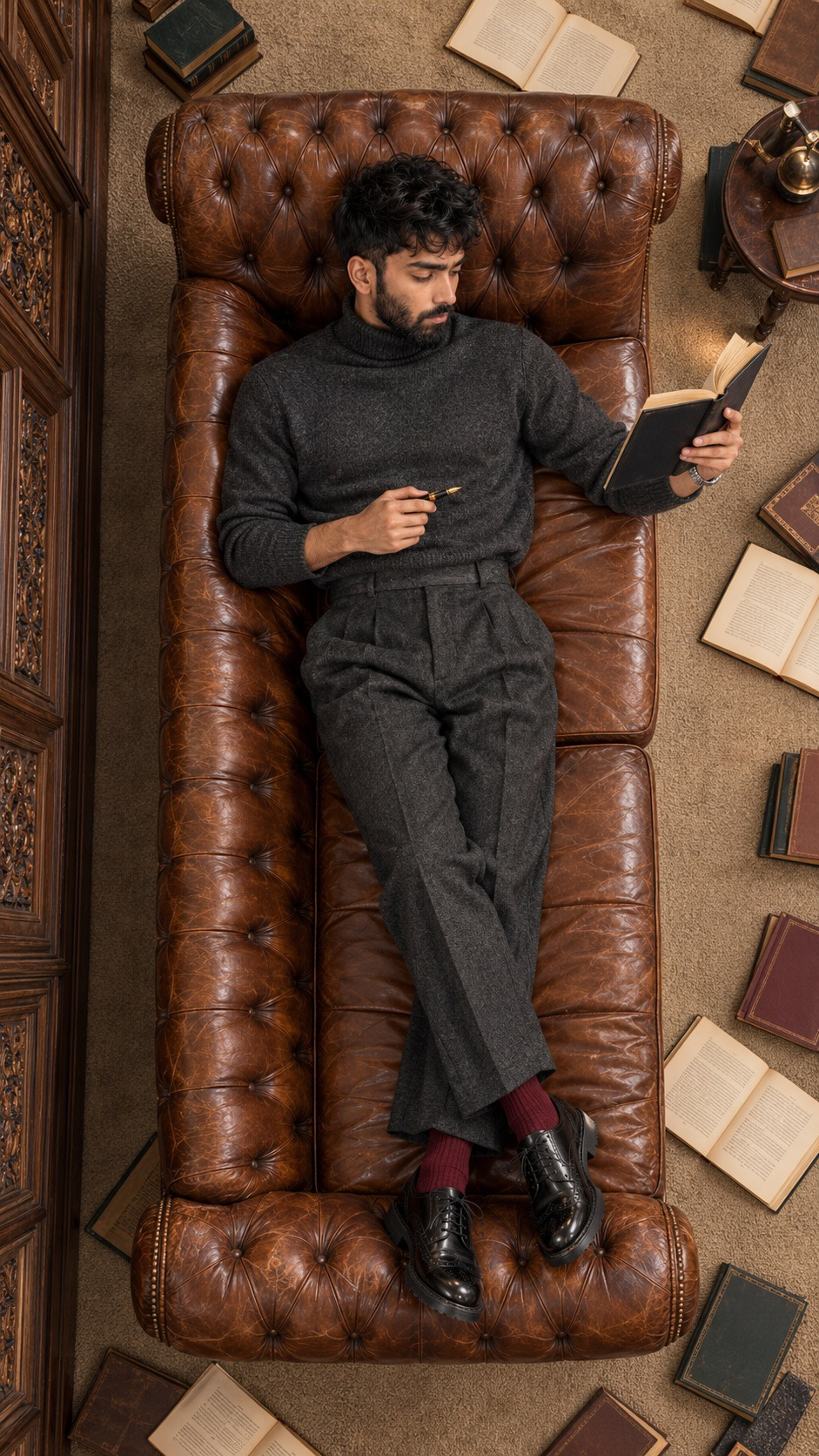 Create an ultra-realistic cinematic overhead editorial photograph of a reference picture giving is relaxing on a luxurious vintage brown
