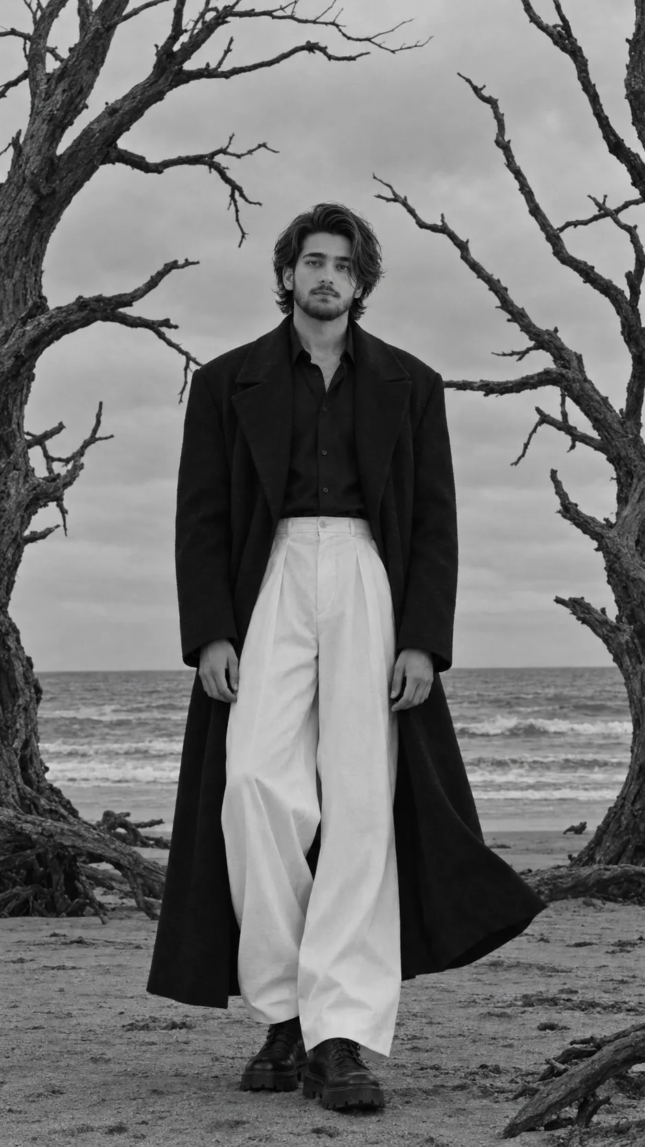 **Ultra-realistic cinematic black-and-white full-body fashion photograph of a tall, slim young adult man standing alone on a deserted beach