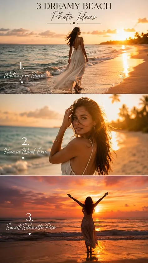 A 3-panel photography infographic collage titled "3 DREAMY BEACH Photo Ideas" at the top in elegant typography.