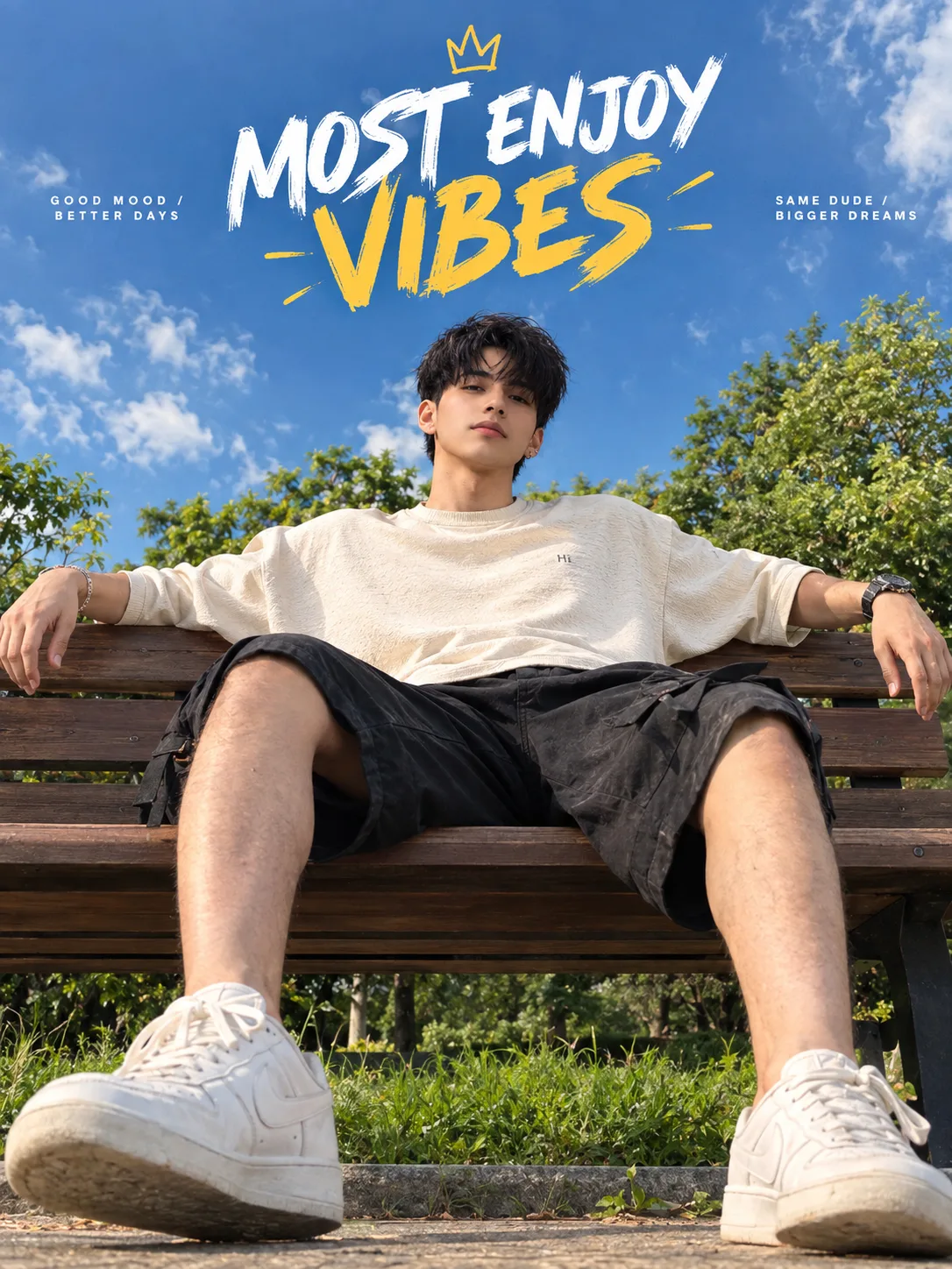 Ultra realistic low-angle full body photograph of a stylish young man relaxing confidently on a classic wooden park bench under a bright