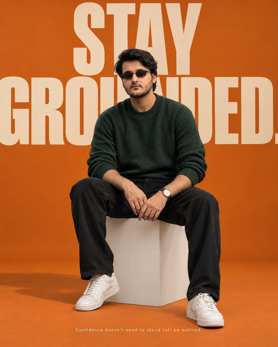 Premium ultra-realistic fashion editorial featuring a stylish male model sitting confidently on a clean white cube in a minimalist studio