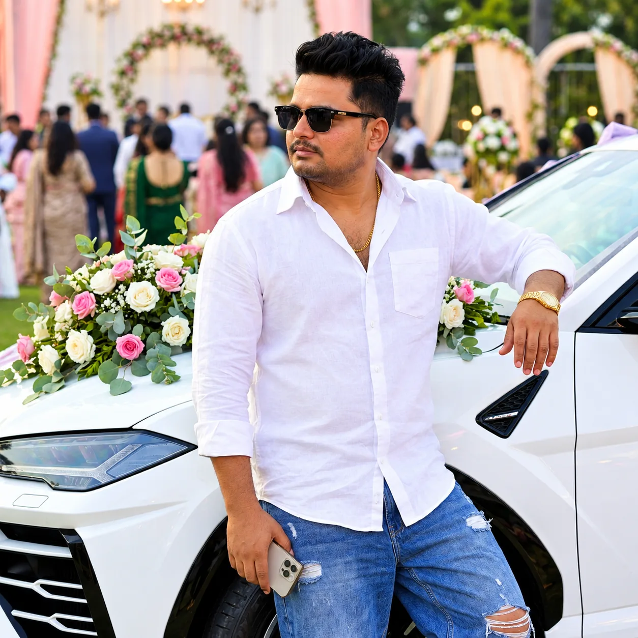 Create a photorealistic 4K Ultra HD luxury wedding editorial portrait of a stylish South Asian man confidently leaning against a glossy