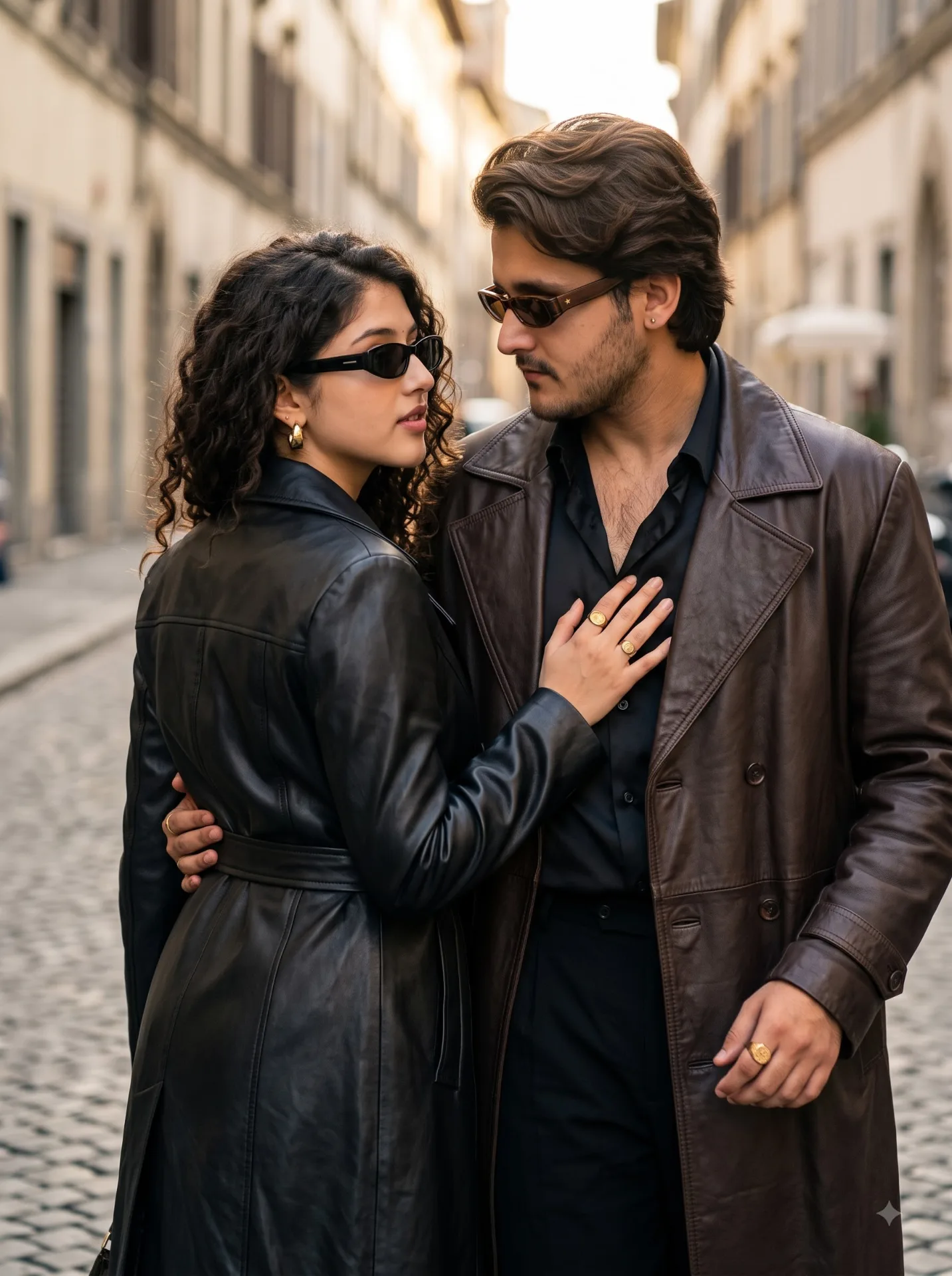 A CINEMATIC HIGH-LATE-1990s ITALIAN LUXURY FASHION EDITORIAL PHOTOGRAPHY OF AN ATTRACTIVE ADULT COUPLE CAPTURED IN A SPONTANEOUS MOMENT