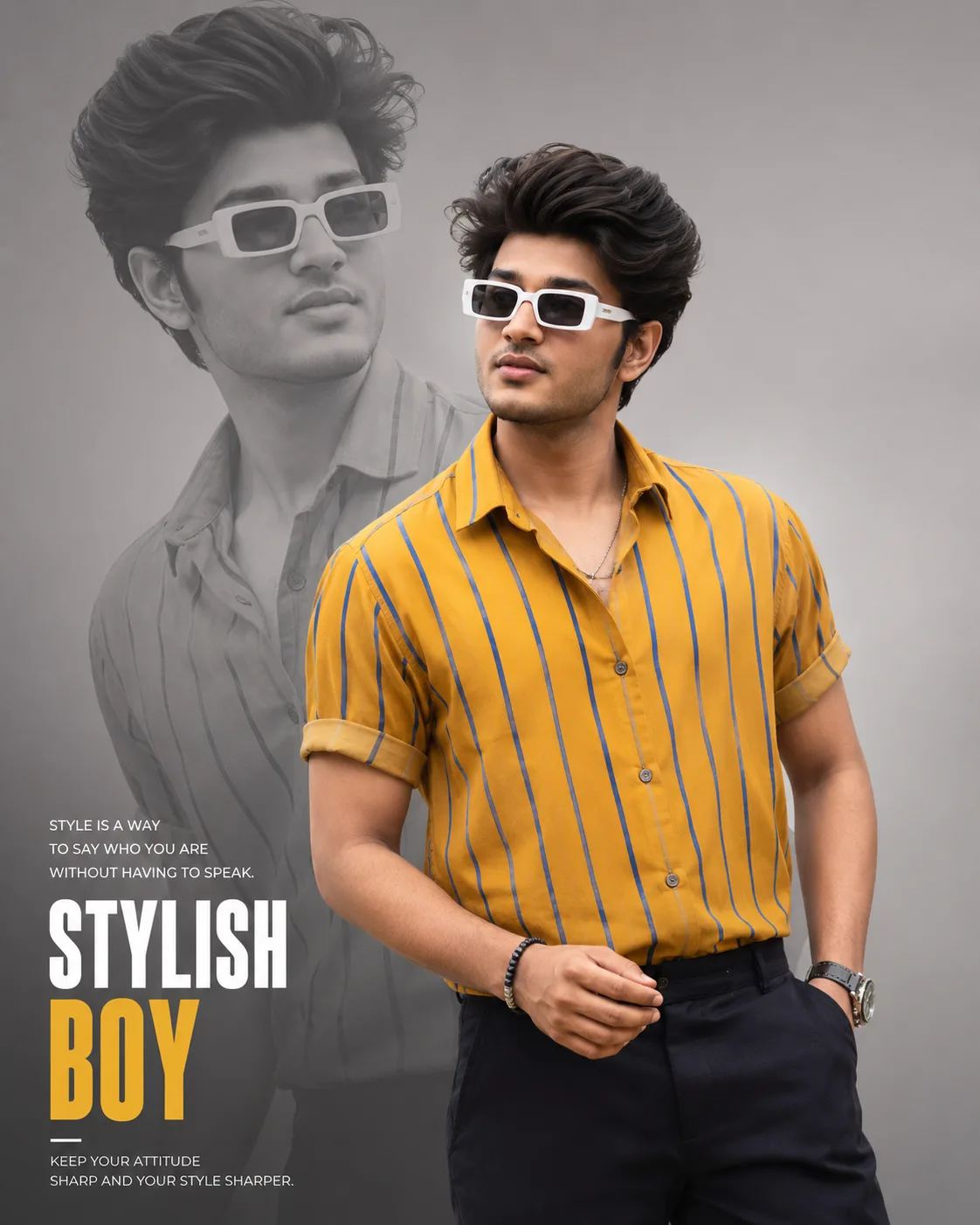 Create a highly realistic, premium fashion-style portrait of a stylish young Indian man in a confident standing pose.