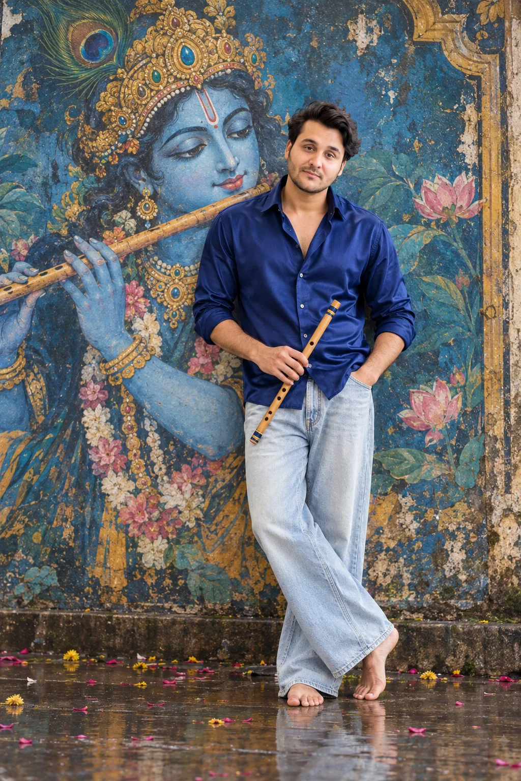 Ultra-realistic full-body portrait of a young Indian man standing casually in front of a Lord Krishna mural painted on an old weathered