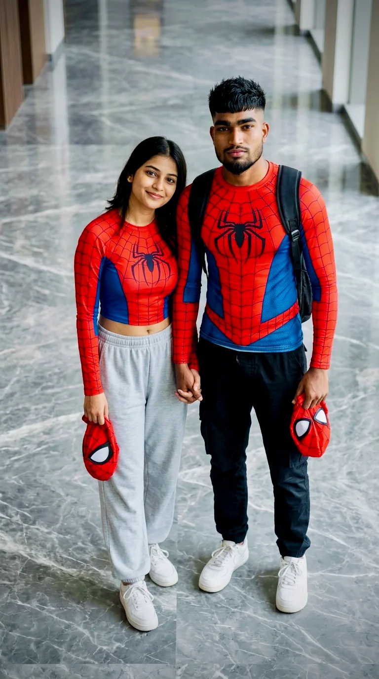 A photorealistic, full-body vertical photograph taken from a slightly elevated, high-angle perspective of a young couple standing closely