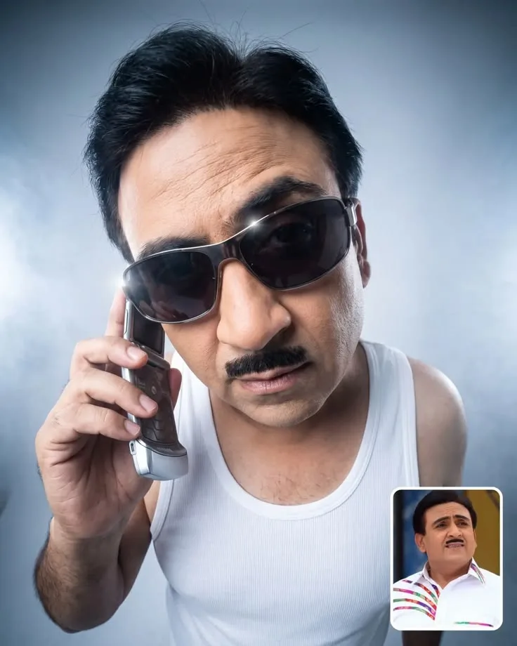 Create an ultra-realistic cinematic portrait inspired by a classic Indian comedy-film character, with a humorous, slightly exaggerated