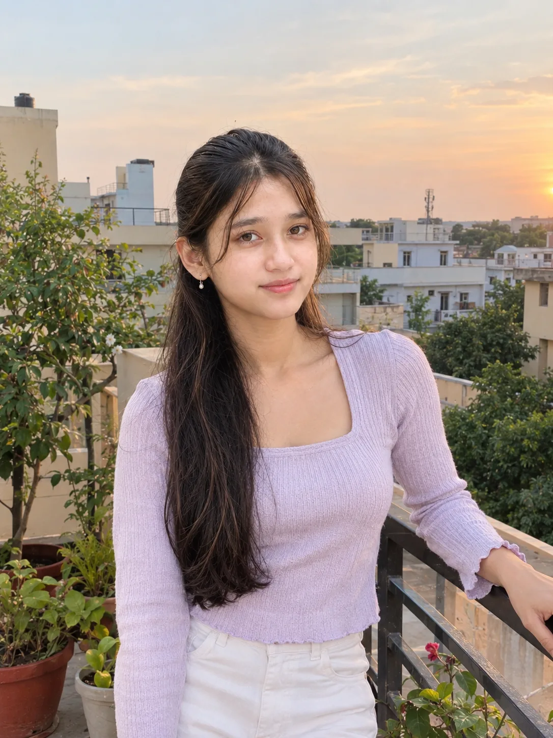 Ultra realistic photograph of a young woman standing on a residential terrace during early evening, shot on a real DSLR camera.
