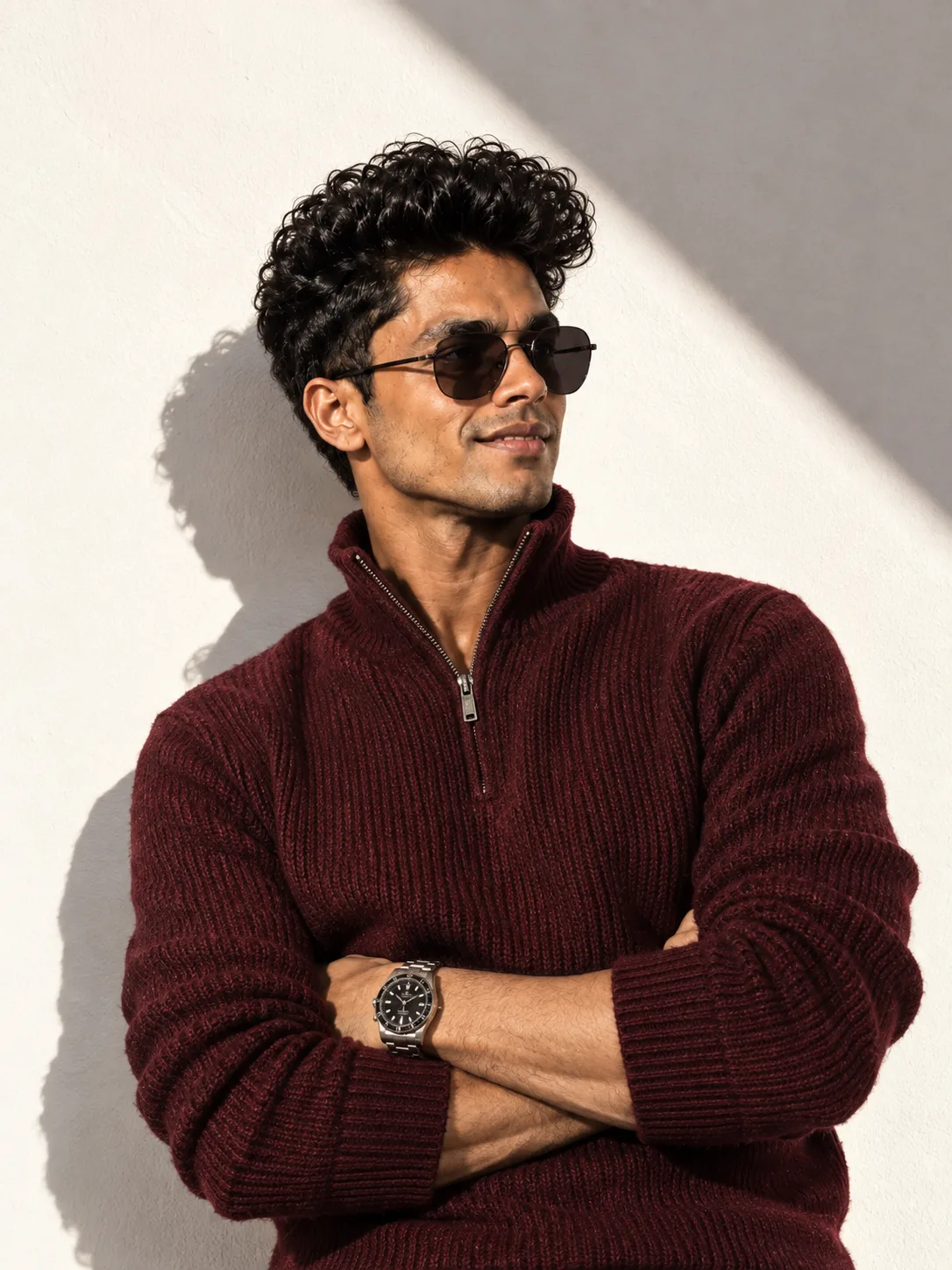 A man smiling and posing with his arms crossed, wearing a maroon knitted high-collar sweater, with a high-end Rolex watch visible on his