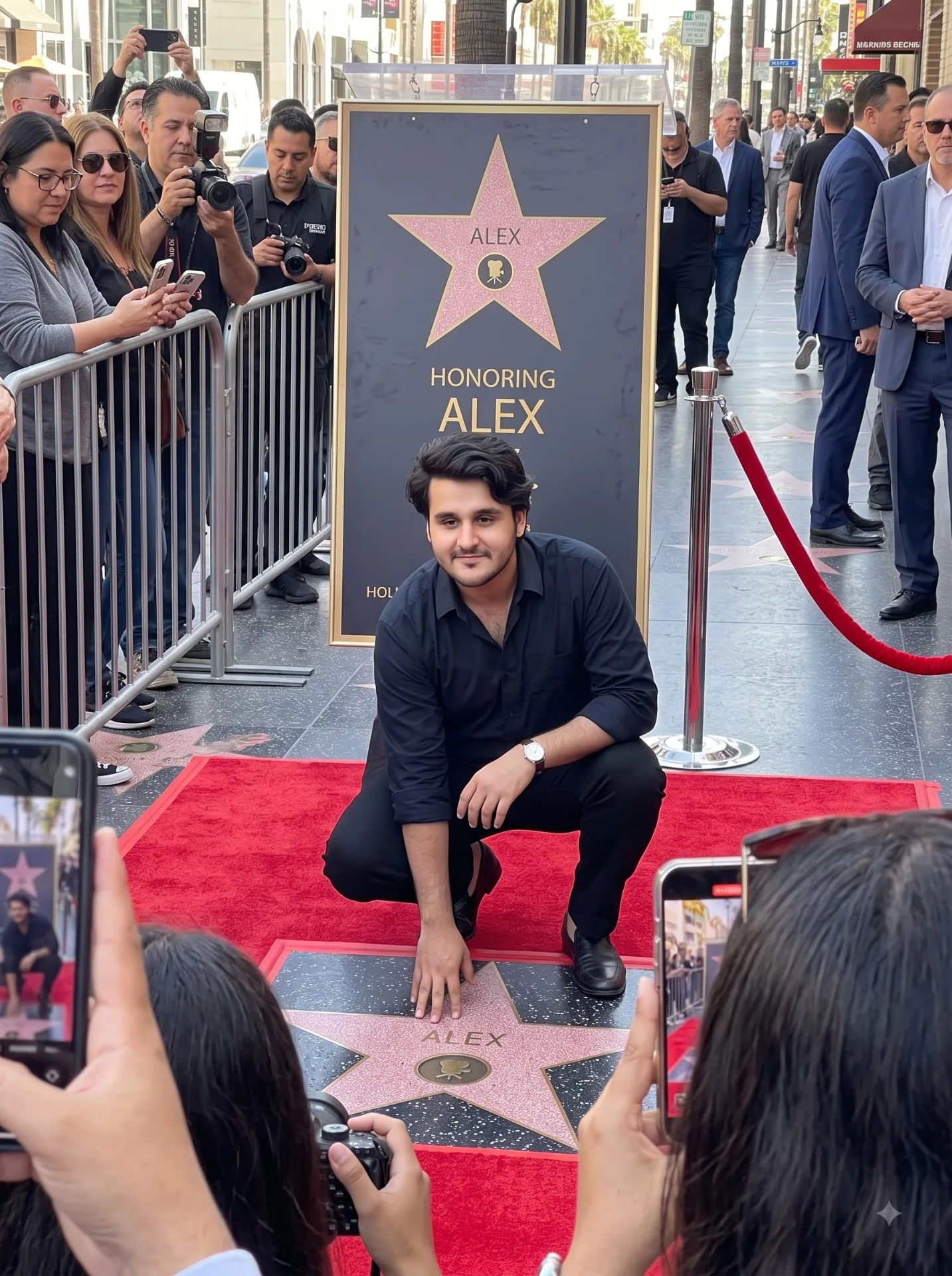 A candid phone photo shot from within the crowd at a Hollywood Walk of Fame style star unveiling ceremony.