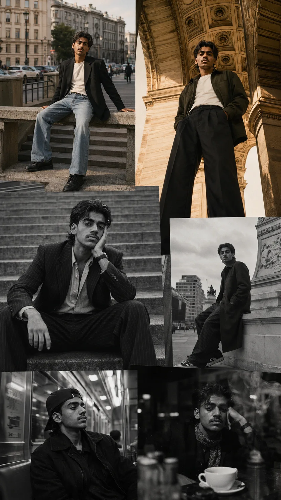 Exact Image Recreation Prompt Create a highly photorealistic cinematic fashion editorial photo collage featuring the same young adult male