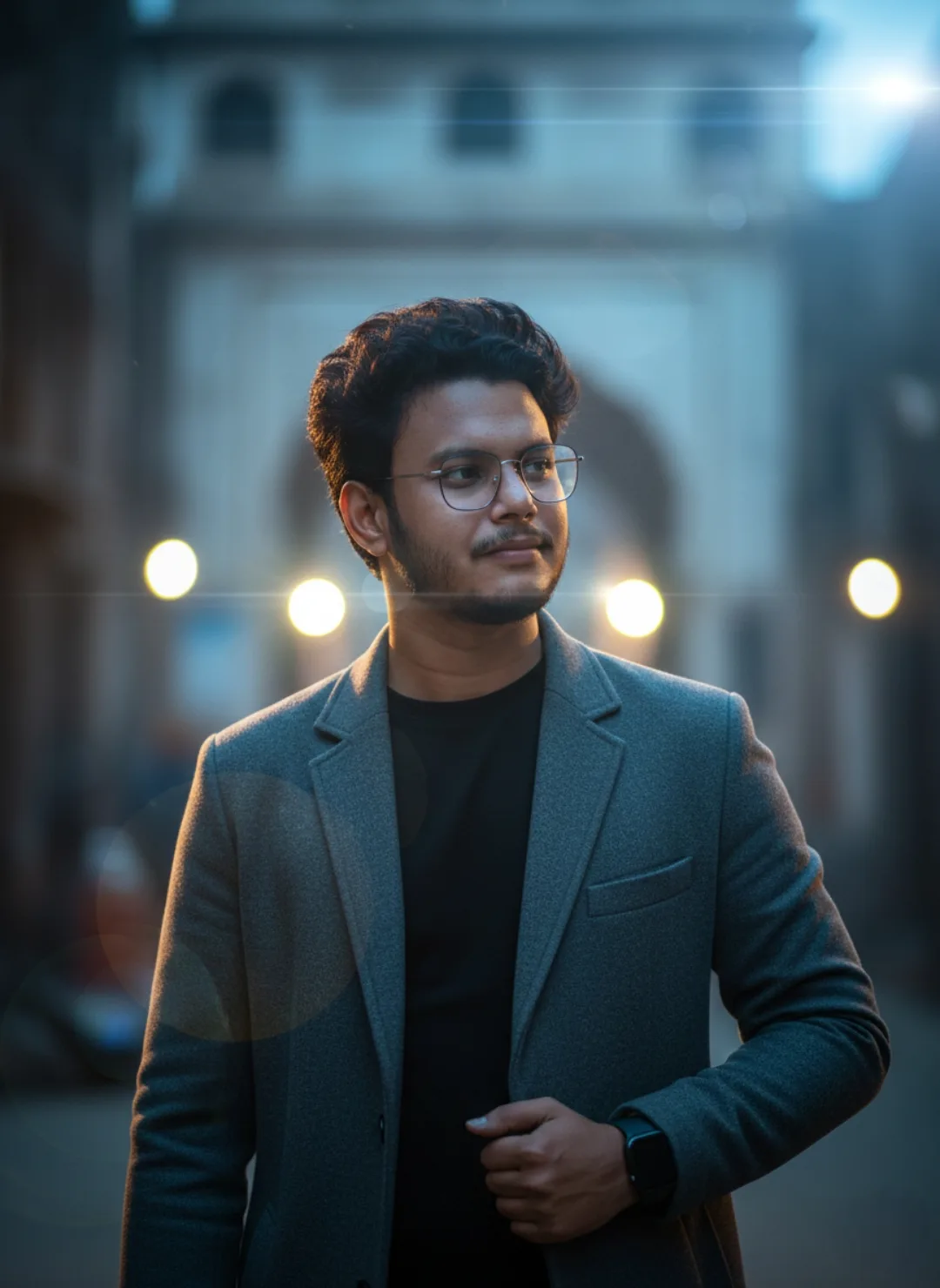 A cinematic portrait of a young South Asian man in his mid-20s standing outdoors at dusk.