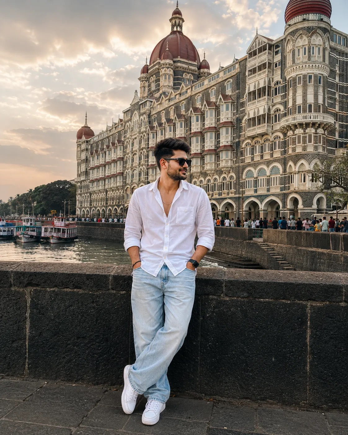 Prompt Ultra-realistic cinematic travel portrait of sty Asian man: man standing casually at the wa Waterfr 10/10 uth Iconic Taj Mahal