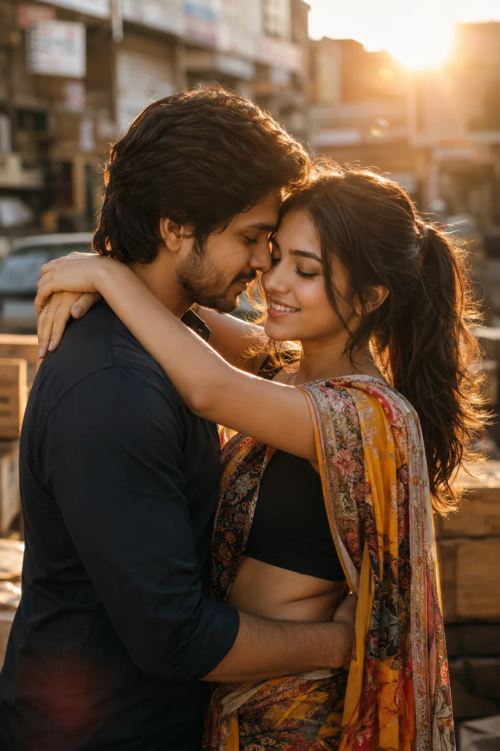 Create an ultra-realistic cinematic photograph of a young South Asian couple sharing an intimate romantic moment on a city street at golden
