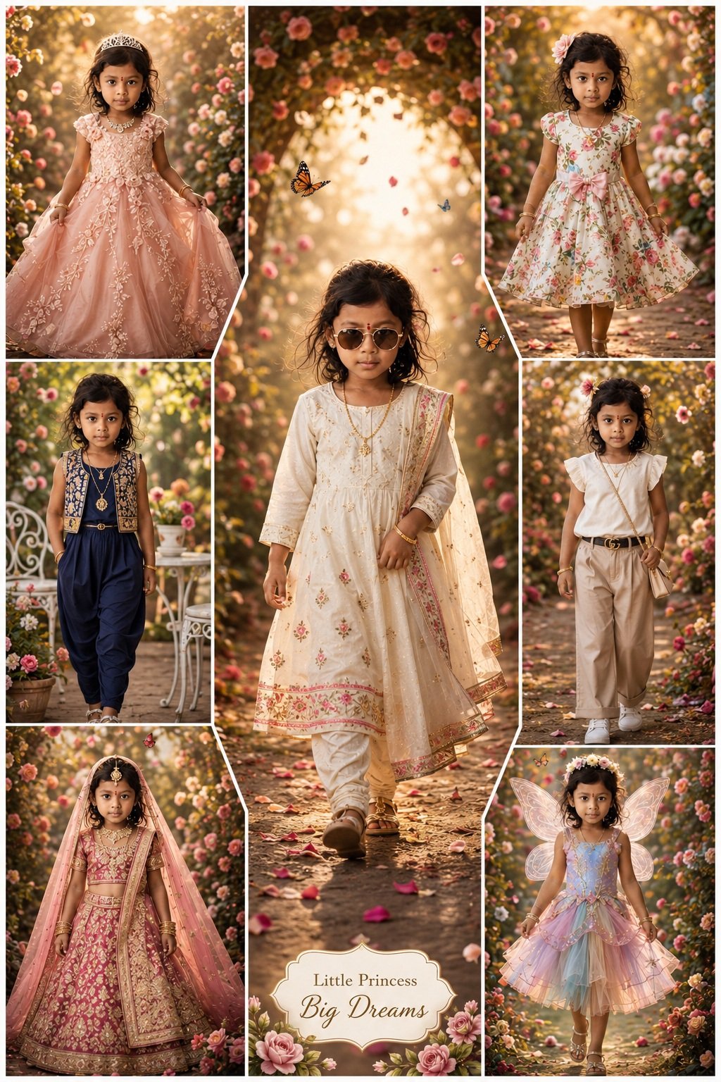 Same adorable Indian girl, ultra-luxury 7-photo Vogue Kids fashion collage, center frame walking confidently in elegant ivory embroidered