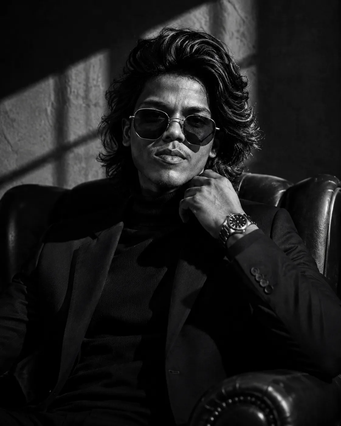 Ultra-realistic cinematic black-and-white portrait of a handsome young man with tousled wavy dark hair, subtle stubble, defined masculine