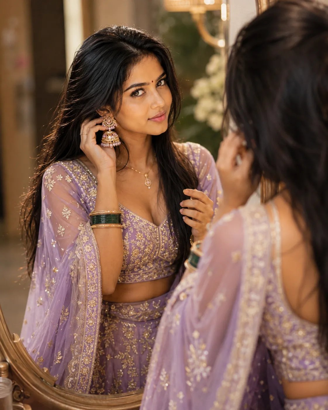 🪷Azhagi 🩷 🦚 "Same girl, exact face, elegant lavender-purple lehenga with heavy golden embroidery, matching dupatta, traditional jewelry,
