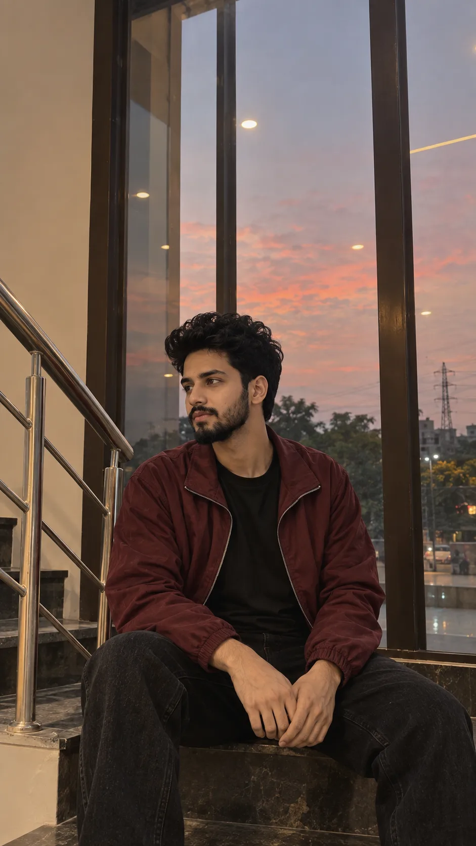 Ultra-realistic cinematic 9:16 portrait photograph of a young South Asian man with naturally curly, voluminous black hair, realistic facial