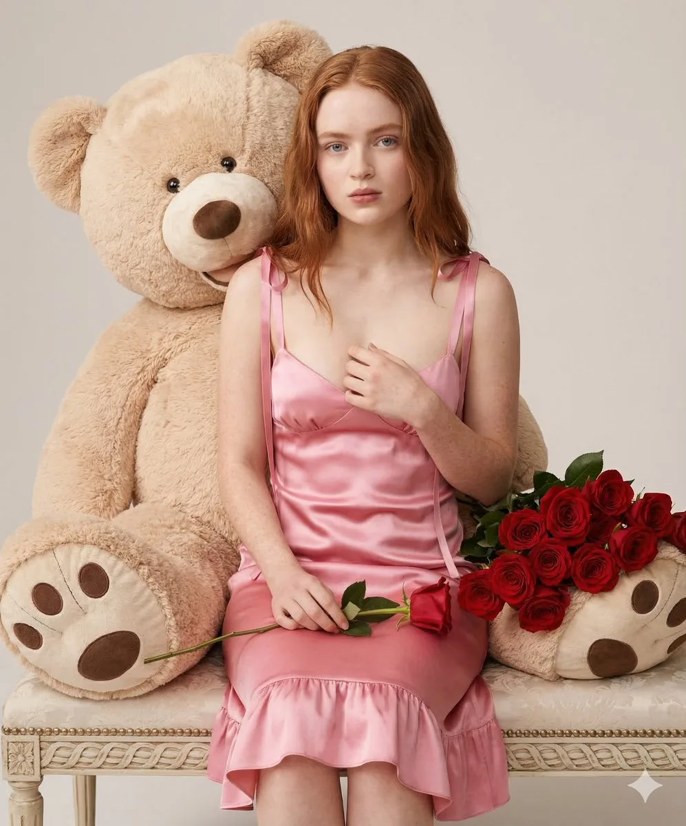 { "type": "image_prompt", "description": { "subject": "A young woman with fair skin and long auburn hair sits on a decorative bench,