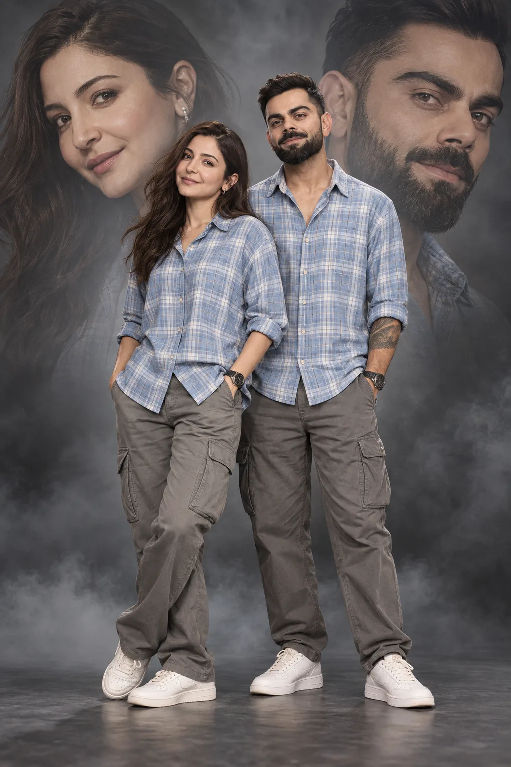 Create an ultra-realistic cinematic editorial studio portrait featuring the same young woman and young man from the two uploaded reference