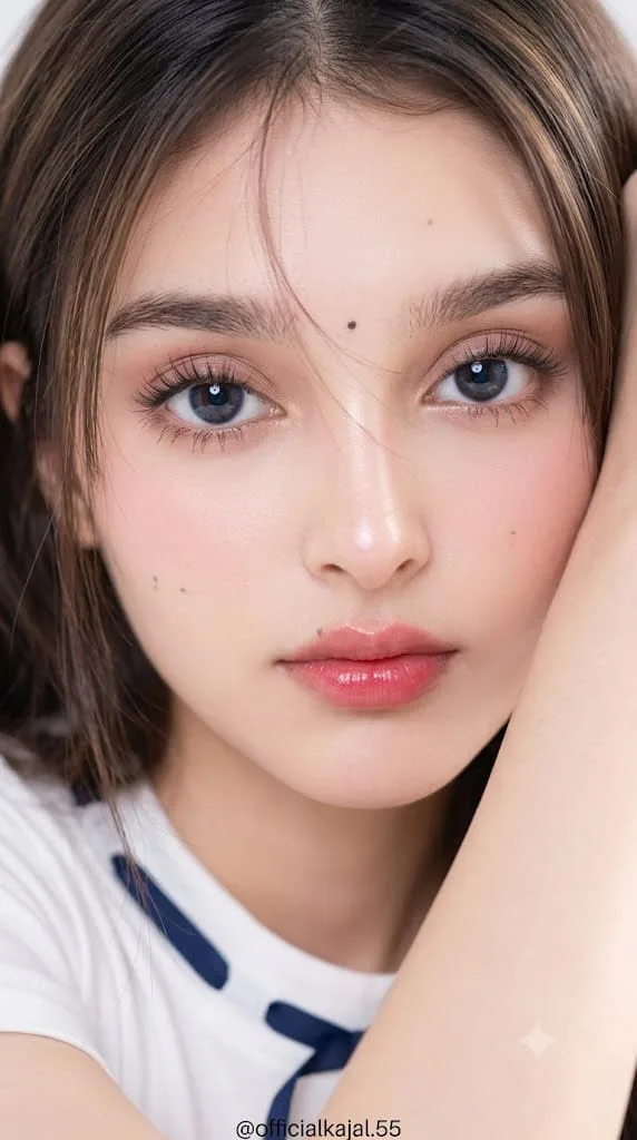 @officialkajal.55 potret close-up seorang wanita muda dewasa dengan estetika kecantikan feminin, lembut, dan menyerupai porcelain doll.
