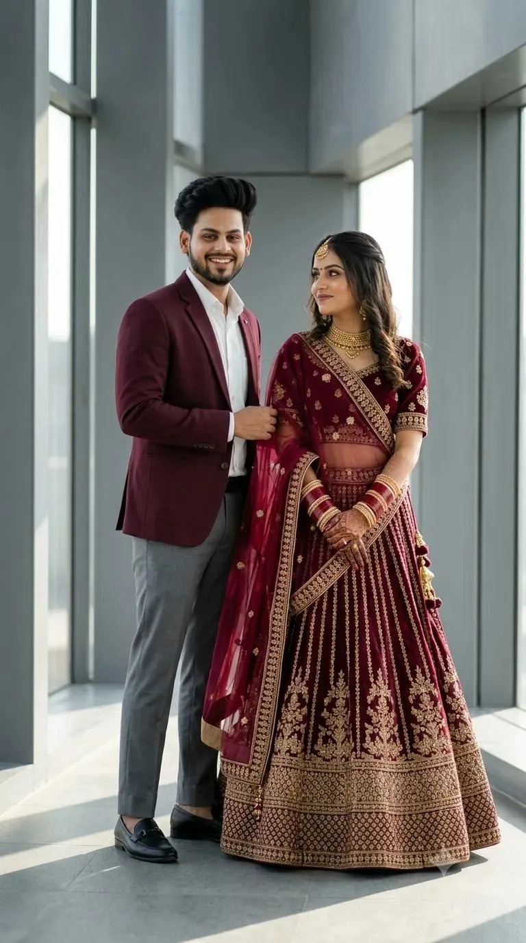 Create an ultra-realistic, high-resolution cinematic Indian wedding couple portrait based specifically on the uploaded reference image.