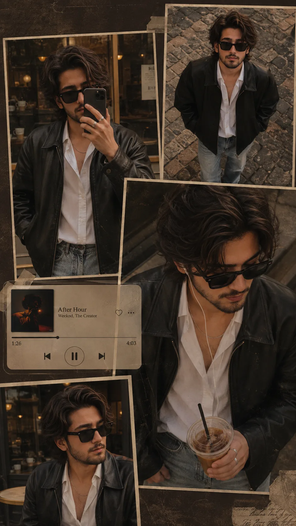 A highly cinematic, photorealistic **vertical 9:16 editorial photo collage** featuring the same stylish young adult man with thick, messy,