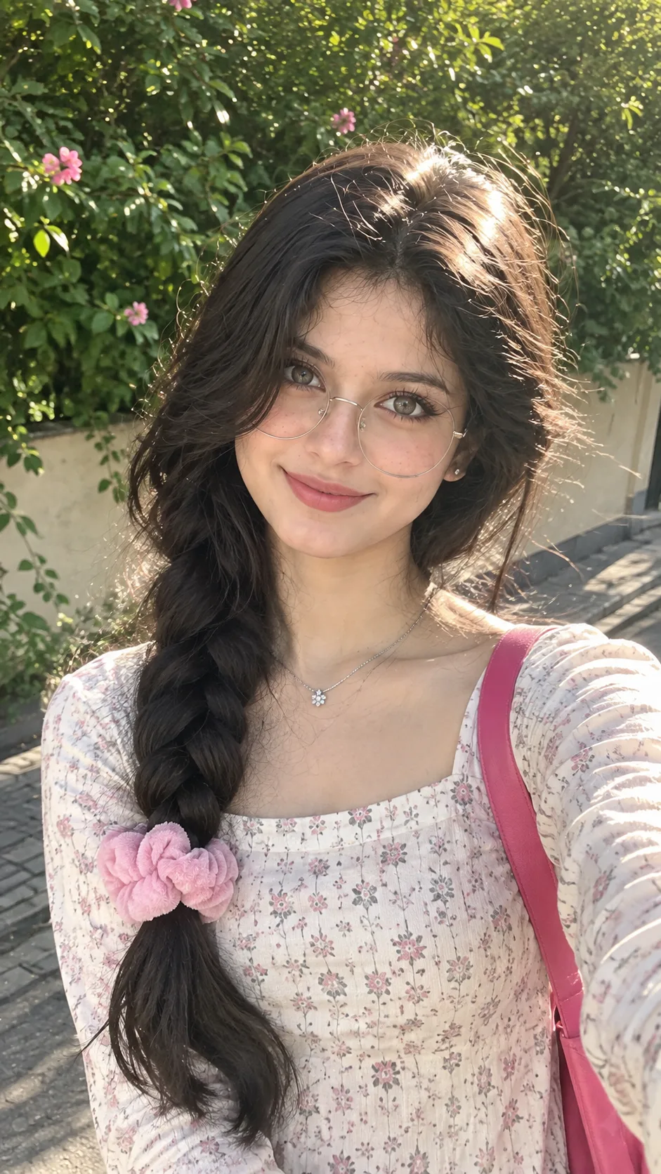 reate an image smiling gently at the camera while taking a selfie outdoors.