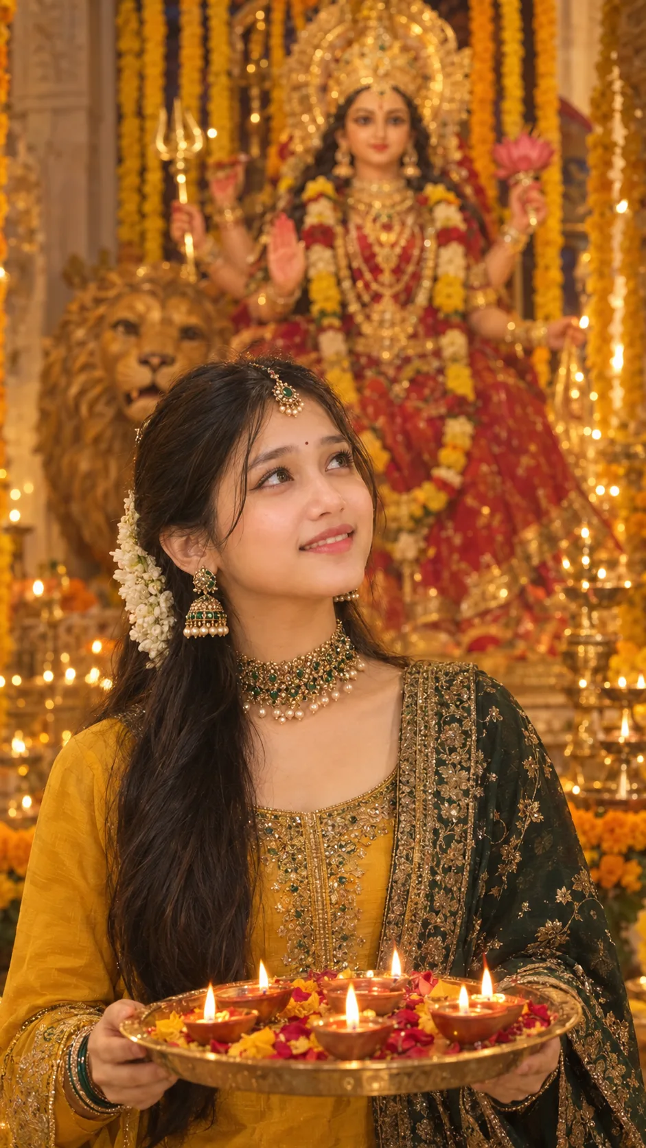 Create a highly photorealistic, cinematic portrait of a beautiful young South Asian woman celebrating a Hindu festival.
